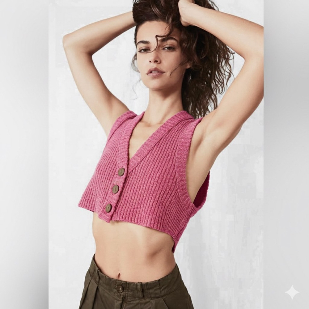 Free People Colby Marled Pink Cropped Alpaca Blend Ribbed Sweater Vest Size S